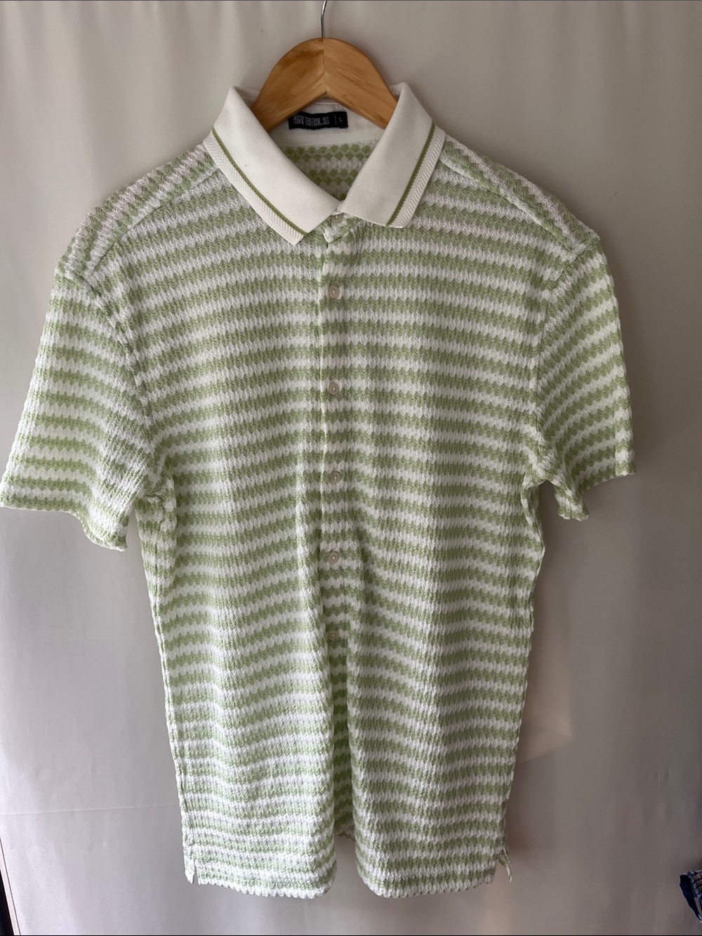 ST33LE Classic Striped Short-Sleeve Button-Down Polo — Light Green & White
